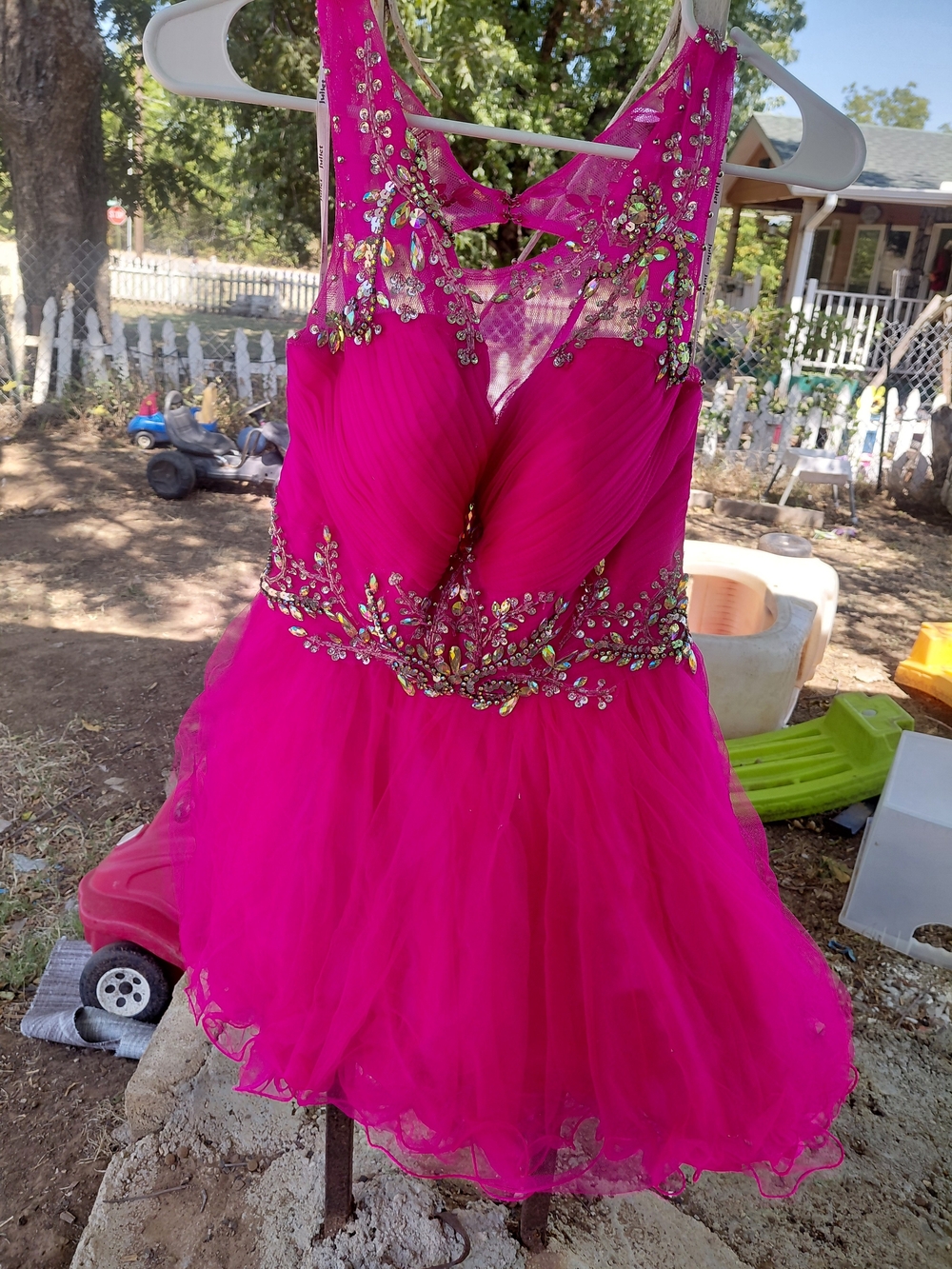 Girls' Bright Fuchsia Beaded Tulle Formal Dress